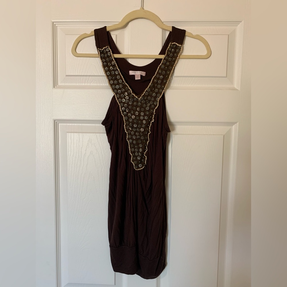 Romeo & Juliet Couture V-Neck Bead and Sequins Tank Top, Brown Cream Medium Y2K